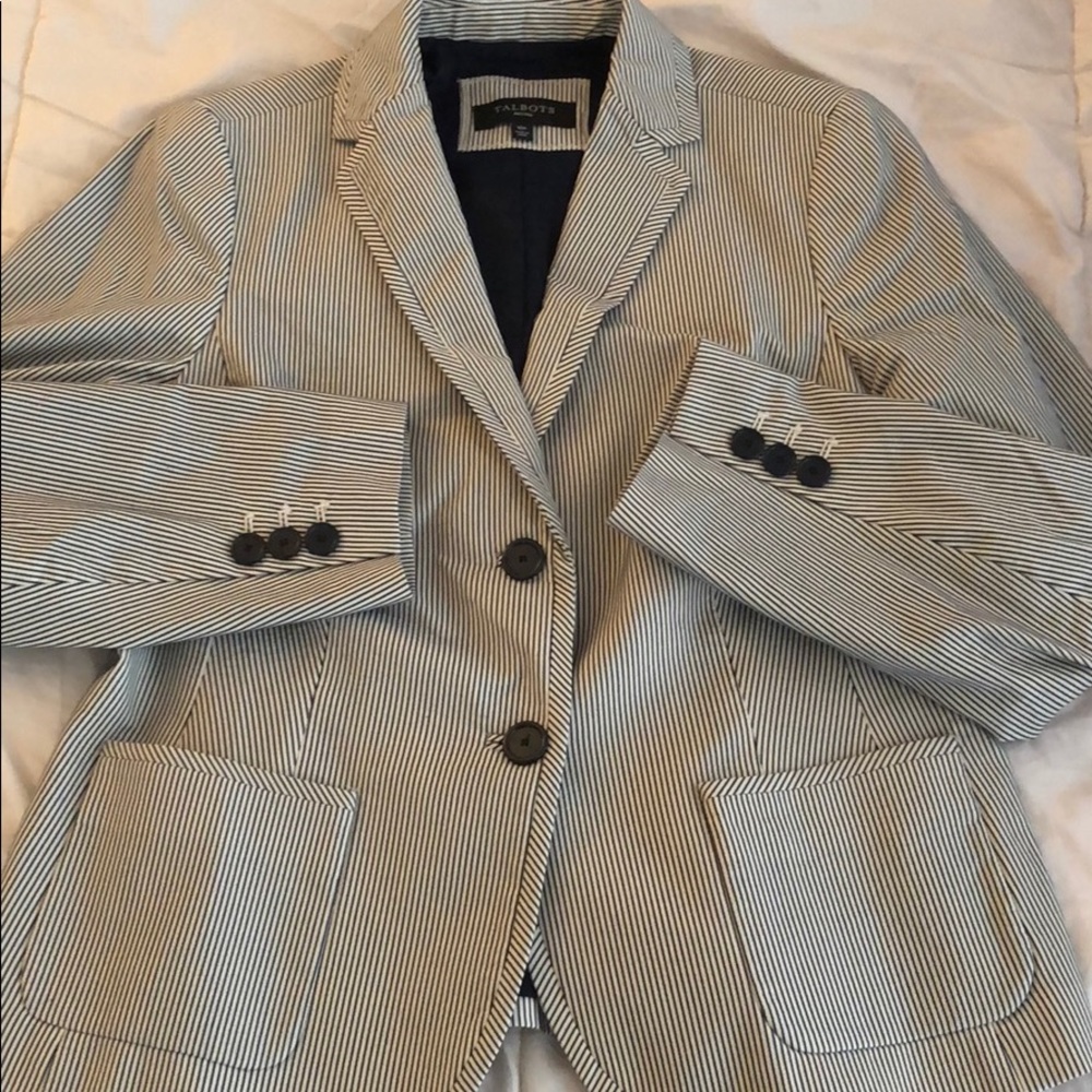 Talbots Navy Striped Blazer with Gathered Back 10P